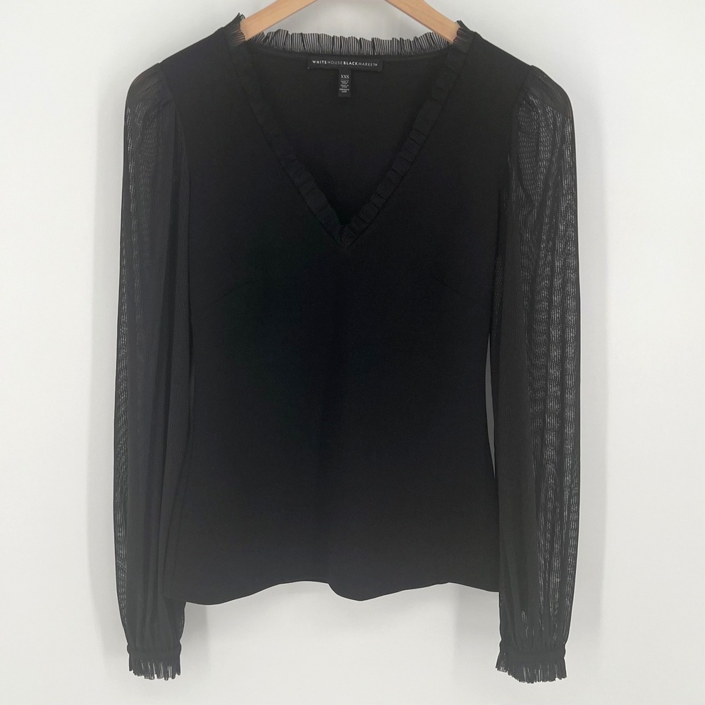 White House Black Market Women Vneck Mesh Sleeve Ruffle Top Size XXS Black Goth